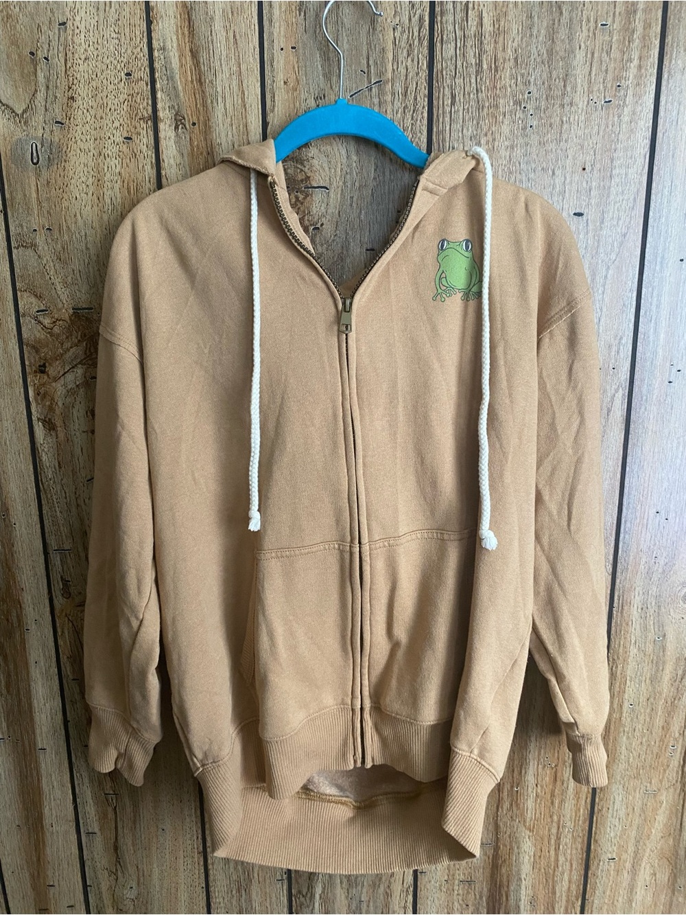 American Eagle Frog Mushroom Zip Up Hoodie Size XS/S Tan Take Care Of Yourself